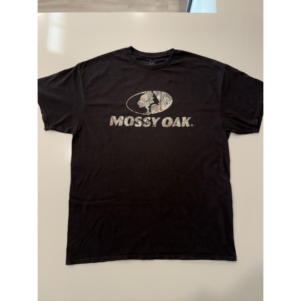 Mossy Oak Black Camo Logo Hunting T-Shirt Men's XL Cotton Short Sleeve